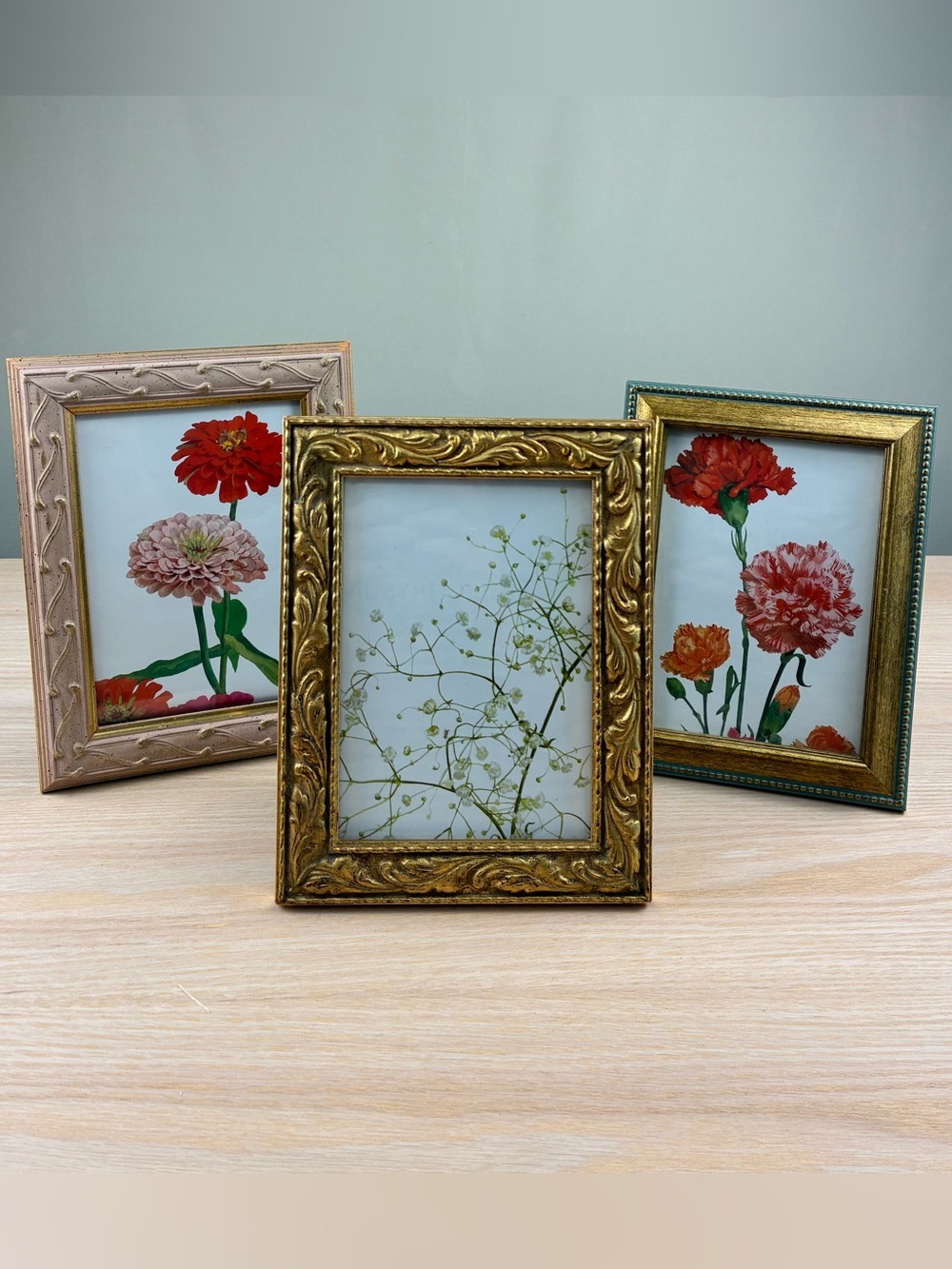Vintage Ornate Picture Frames Set of 3 with Floral Prints